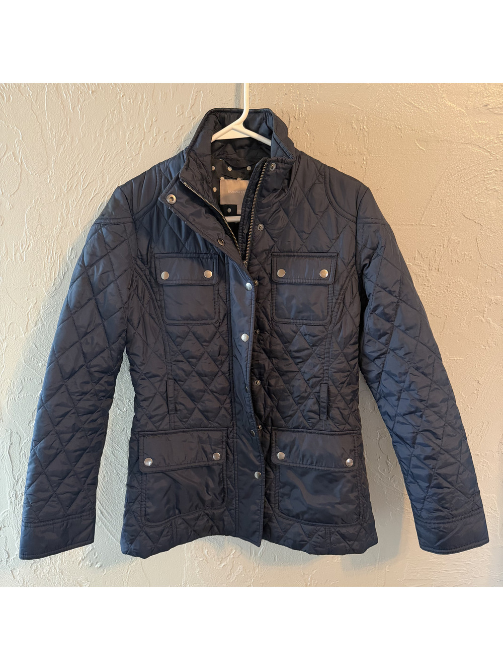 Banana Republic Womens Quilted Jacket Navy Polka Dot Lined Snap Field Coat Small